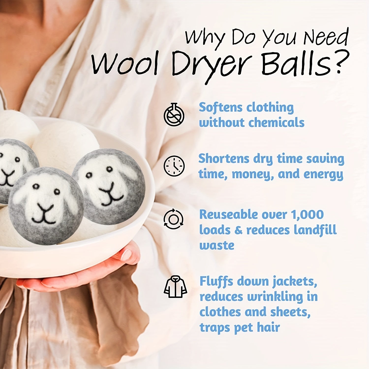 3pcs Premium Organic Wool Dryer Balls - Grey Sheep Design, Reusable Fabric Softener for Laundry, High-Quality Washing Machine Accessories