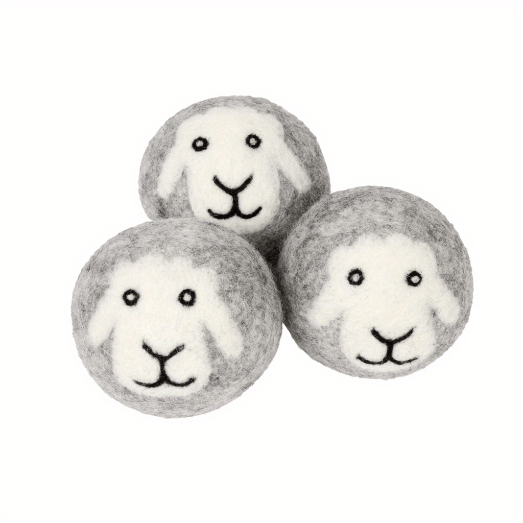 3pcs Premium Organic Wool Dryer Balls - Grey Sheep Design, Reusable Fabric Softener for Laundry, High-Quality Washing Machine Accessories