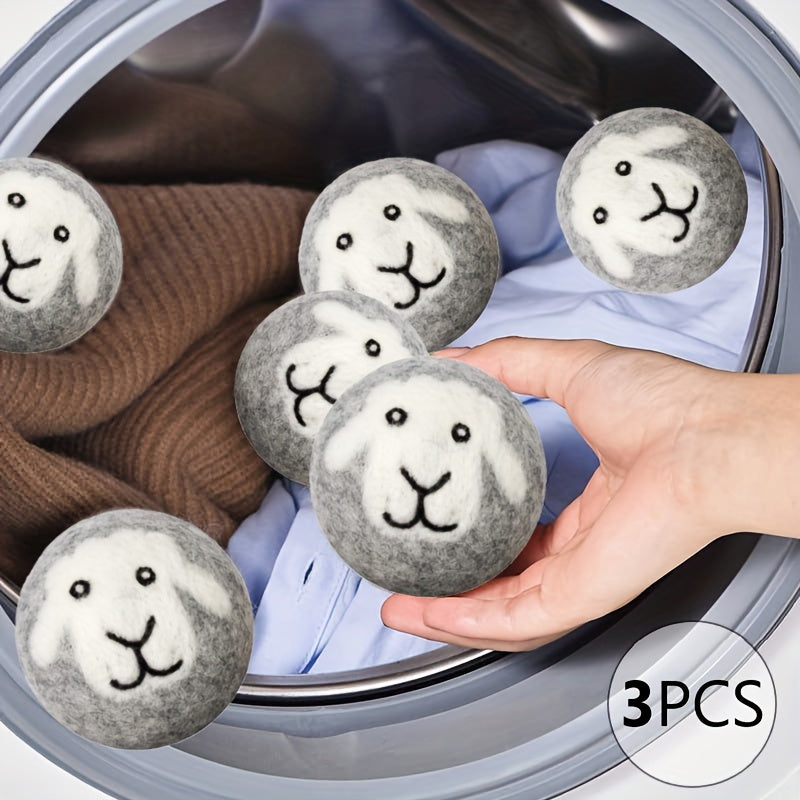 3pcs Premium Organic Wool Dryer Balls - Grey Sheep Design, Reusable Fabric Softener for Laundry, High-Quality Washing Machine Accessories